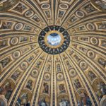 From below amazing dome ceiling with ornamental fresco paintings and stucco elements in St Peters Basilica in Rome